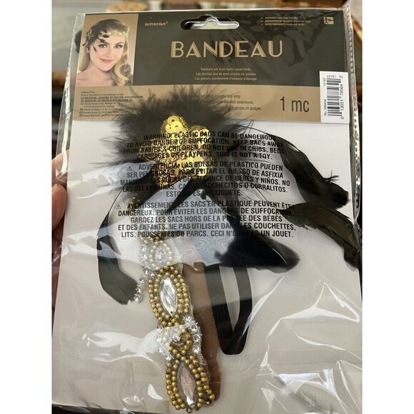 Gold & Black 1920s Flapper Headband With Beads & Feather By Amscan - Picture 4 of 5
